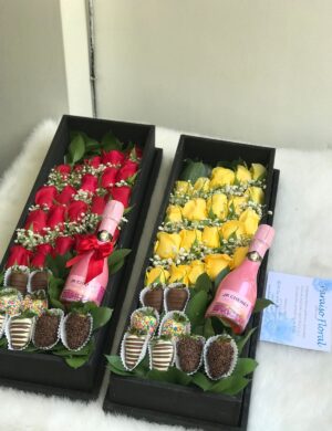 Arreglo caja negra rosas fresas y JP